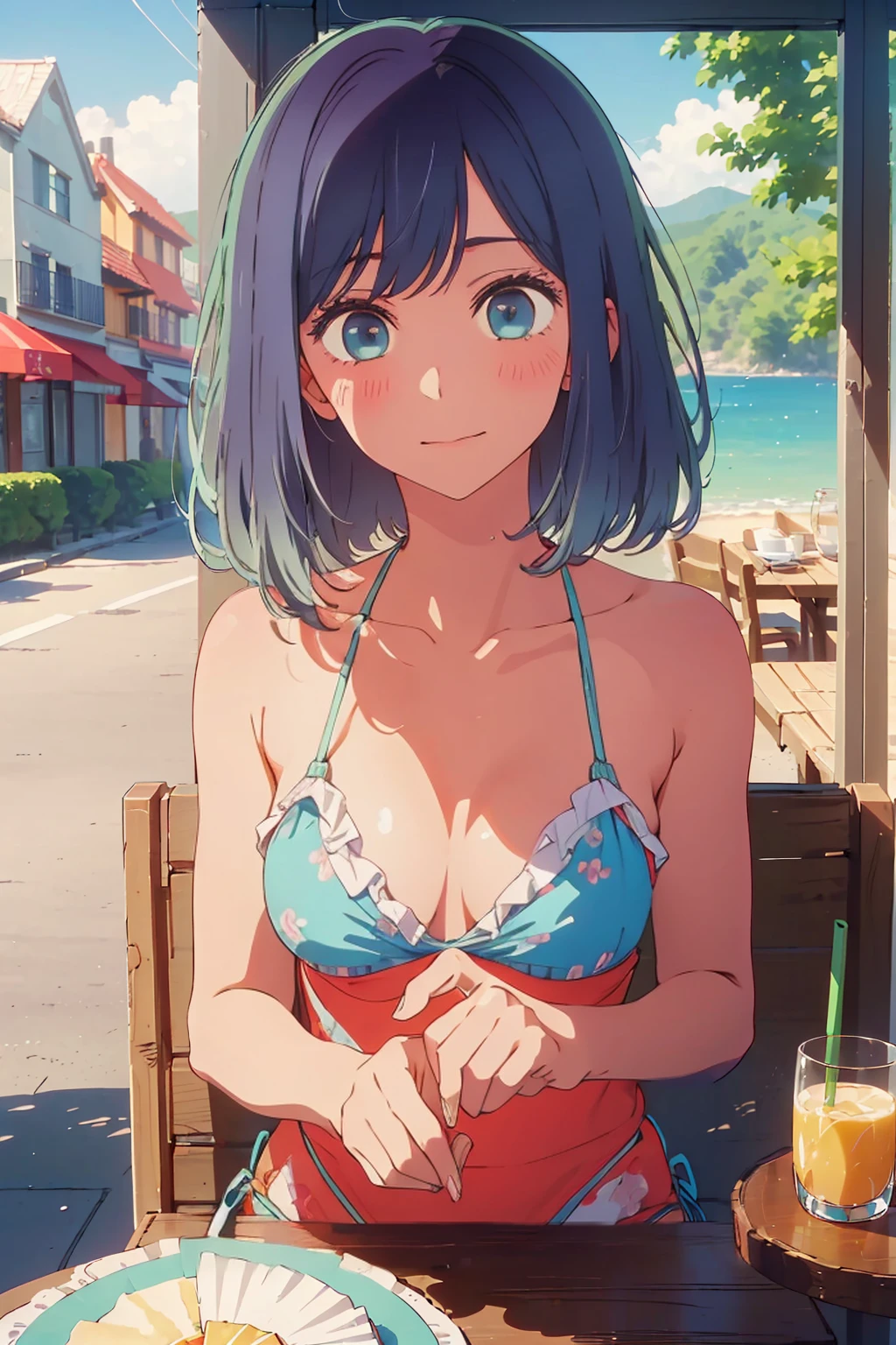 (Highest quality:1.4、masterpiece:1.4、Super detailed:1.4、8K:1.4)、((((1 person、Surprised expression、sit、Outdoor café terrace、coastal、juice、table、Sandy Beach、juiceのグラスを持つ、Plain Bikini、The depth of the written world、Very soft boobs、Big eyes、Very cute face))))、F cup bust、Medium breast、Drawstring front