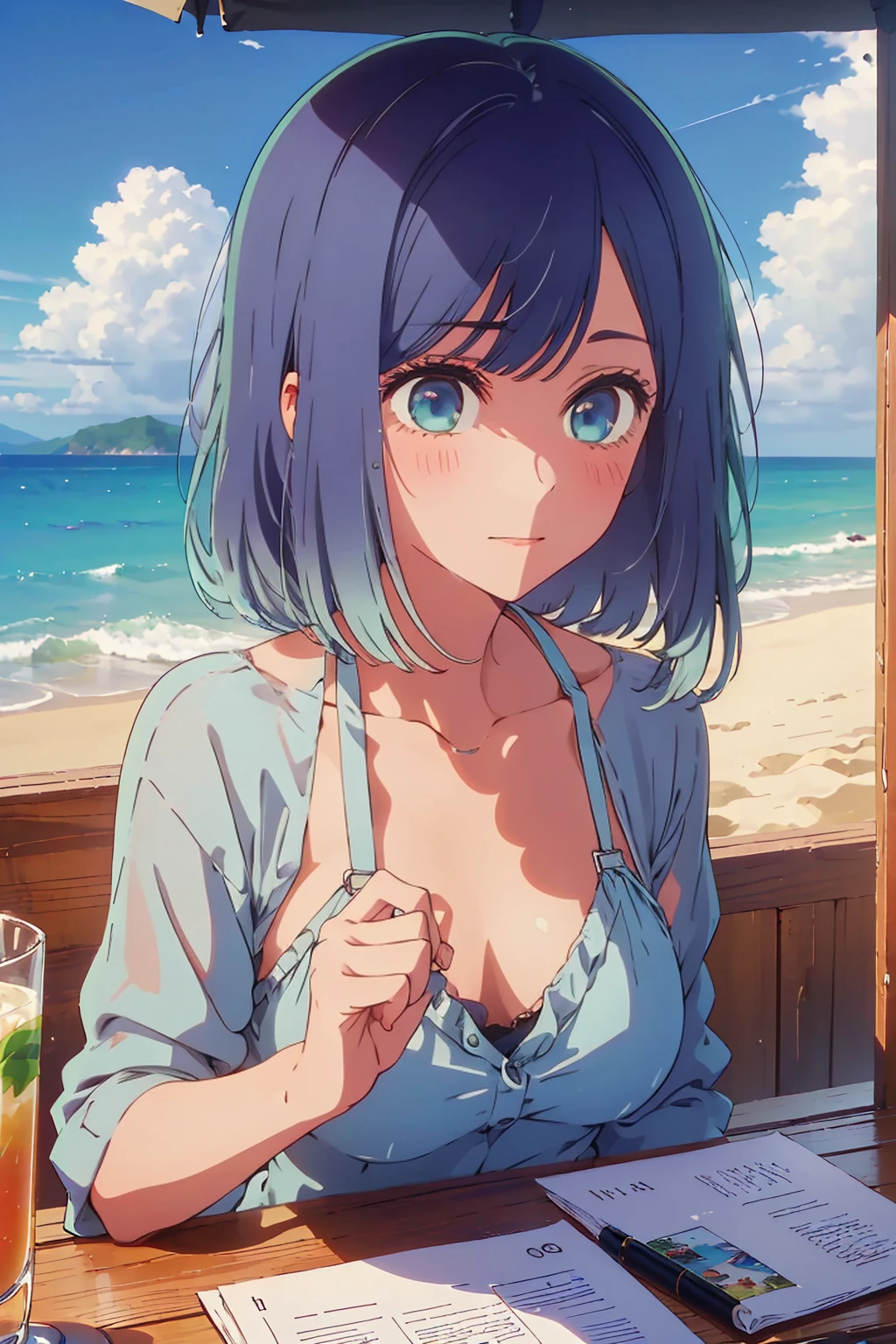 (Highest quality:1.4、masterpiece:1.4、Super detailed:1.4、8K:1.4)、((((1 person、Surprised expression、sit、Outdoor café terrace、coastal、juice、table、Sandy Beach、juiceのグラスを持つ、Plain Bikini、The depth of the written world、Very soft boobs、Big eyes、Very cute face))))、F cup bust、Medium breast、Drawstring front