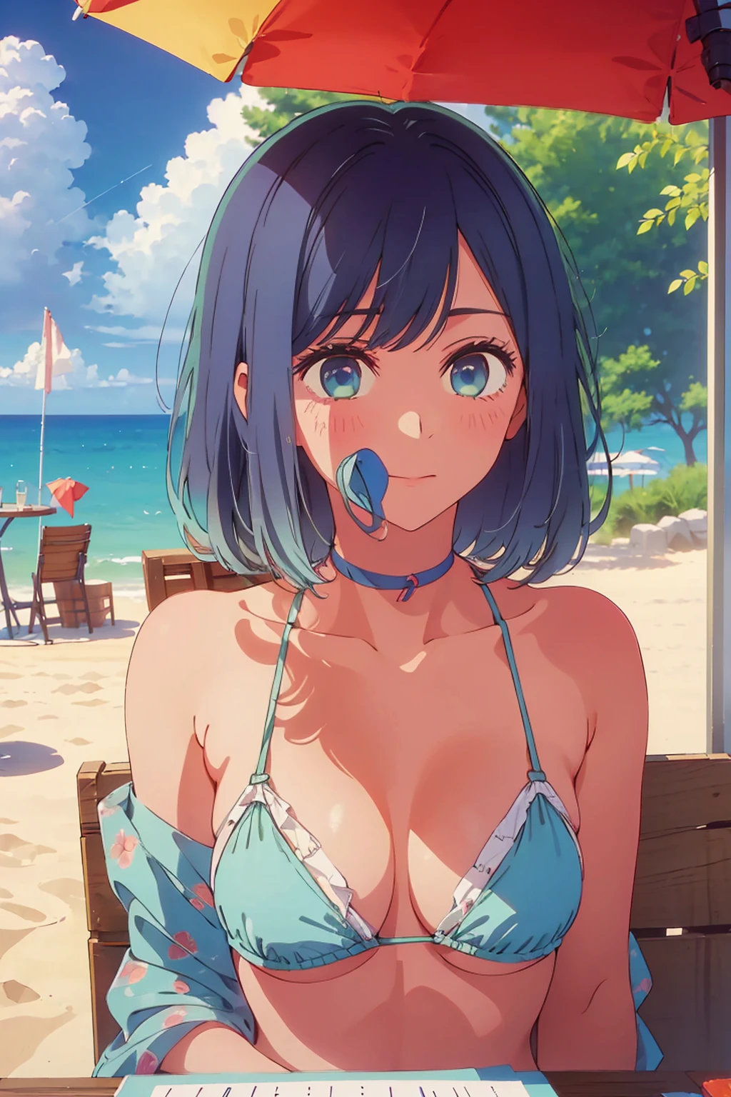 (Highest quality:1.4、masterpiece:1.4、Super detailed:1.4、8K:1.4)、((((1 person、Surprised expression、sit、Outdoor café terrace、coastal、juice、table、Sandy Beach、juiceのグラスを持つ、Plain Bikini、The depth of the written world、Very soft boobs、Big eyes、Very cute face))))、F cup bust、Medium breast、Underboob、Sideboob、Drawstring front