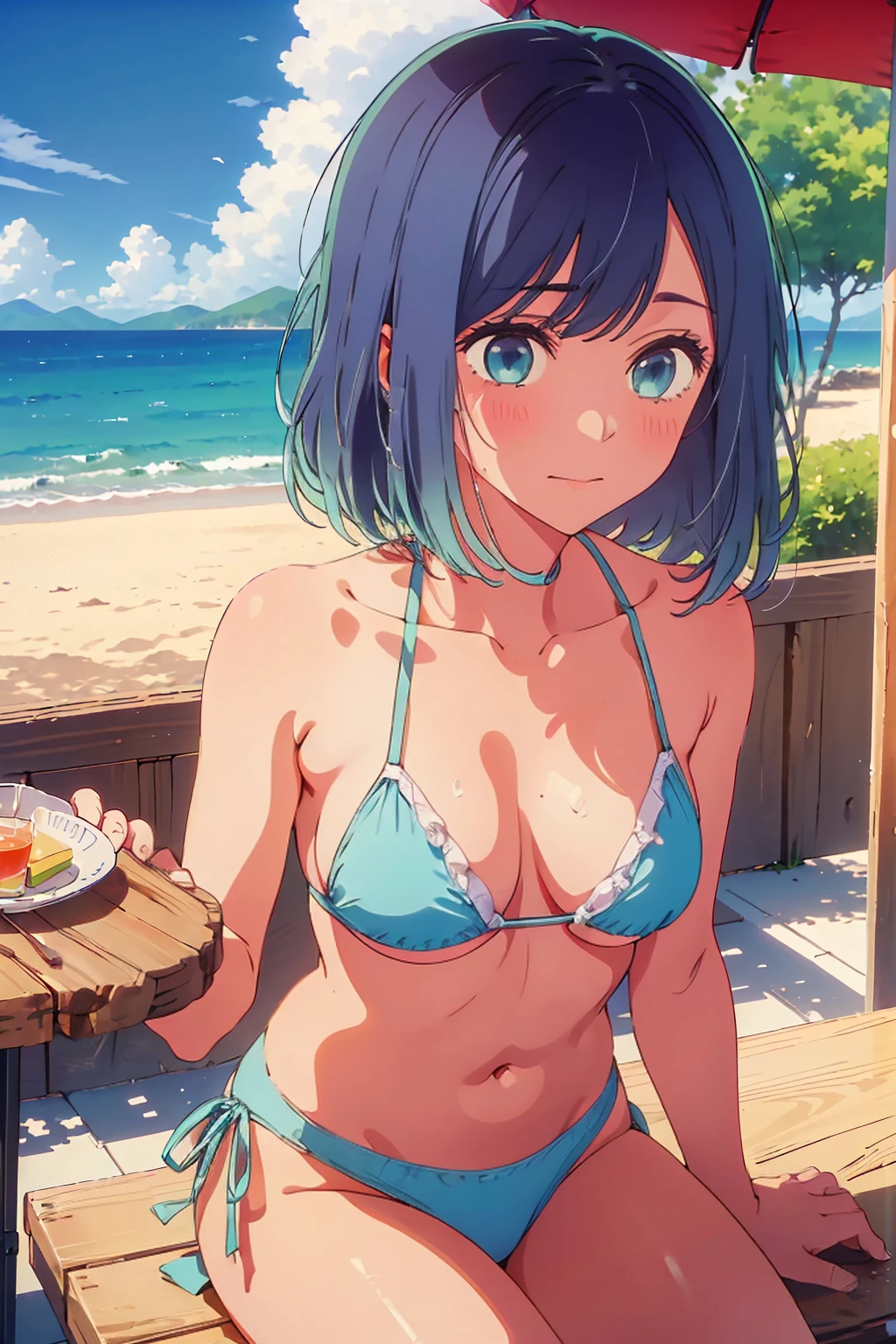 (Highest quality:1.4、masterpiece:1.4、Super detailed:1.4、8K:1.4)、((((1 person、Surprised expression、sit、Outdoor café terrace、coastal、juice、table、Sandy Beach、juiceのグラスを持つ、Plain Bikini、The depth of the written world、Very soft boobs、Big eyes、Very cute face))))、F cup bust、Medium breast、Underboob、Sideboob、Drawstring front