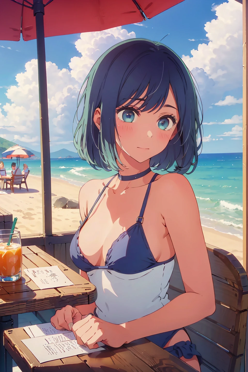 (Highest quality:1.4、masterpiece:1.4、Super detailed:1.4、8K:1.4)、((((1 person、Surprised expression、sit、Outdoor café terrace、coastal、juice、table、Sandy Beach、juiceのグラスを持つ、Plain Bikini、The depth of the written world、Very soft boobs、Big eyes、Very cute face))))、F cup bust、Medium breast、Underboob、Sideboob、Drawstring front