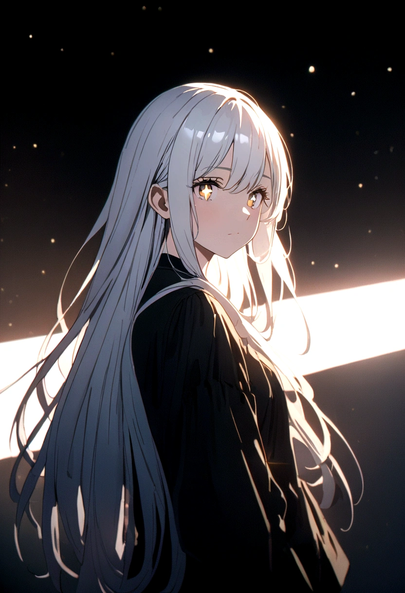 white hair, white eyes, sparkling eyes, closed mouth, Classicism, cinematic lighting, film grain, ray tracing, long hair big Sony FE GM, 4K