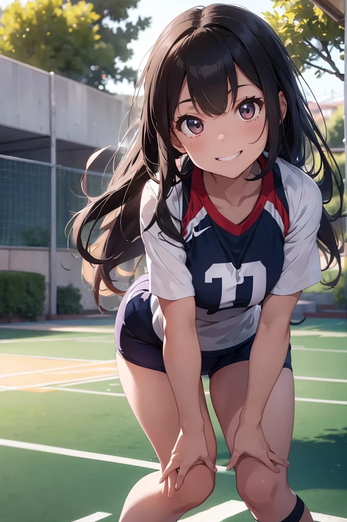 A beautiful young girl in a volleyball uniform, long flowing hair, big bright eyes, cute smile, athletic posture, outdoor volleyball court background, natural sunlight, vibrant colors, highly detailed, photorealistic, cinematic lighting, 8k, best quality, masterpiece