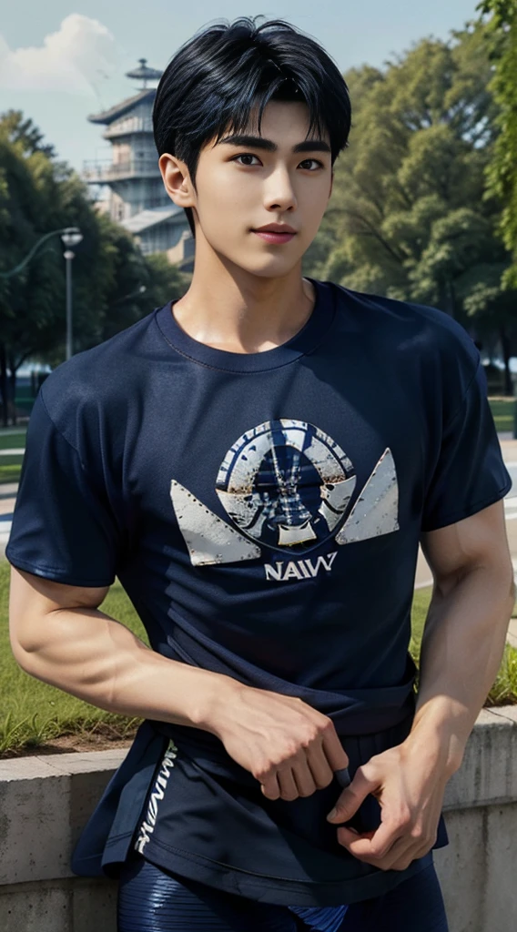 (Create a masterpiece:1.2),(CGI art:1.3),(realistic:1.5),(After processing:1.3),(Sharp focus:1.3),1 man ,(black hair) ,(Wear color navy round neck T-shirt), (with a Police badge:1.1),Navy blue jeans,Korean guy,korean men,(High gloss details),chest muscles,large arm muscles,blood vessel,Big muscles,Broad shoulders,looking at the audience,Balancing the eyes,(Lind has a dining table:1.3),
