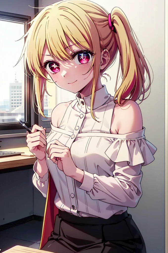 rubyhoshino, Hoshino Ruby, Long Hair, bangs, Blonde, (Pink Eyes:1.3), Side Lock, (Symbol-shaped pupil:1.5), Multicolored Hair, Two-tone hair, happy smile, smile, Close your mouth,
break side ponytail, Cold Shoulder Shirt,Long skirt,Black pantyhose,Stiletto heels,There is a computer on the table,Chair,Are standing,interior,whole bodyがイラストに入るように,Daytime,Clear skies,
break indoors, office,
break looking at viewer, whole body,
break (masterpiece:1.2), Highest quality, High resolution, unity 8k wallpaper, (figure:0.8), (Beautiful attention to detail:1.6), Highly detailed face, Perfect lighting, Highly detailed CG, (Perfect hands, Perfect Anatomy),