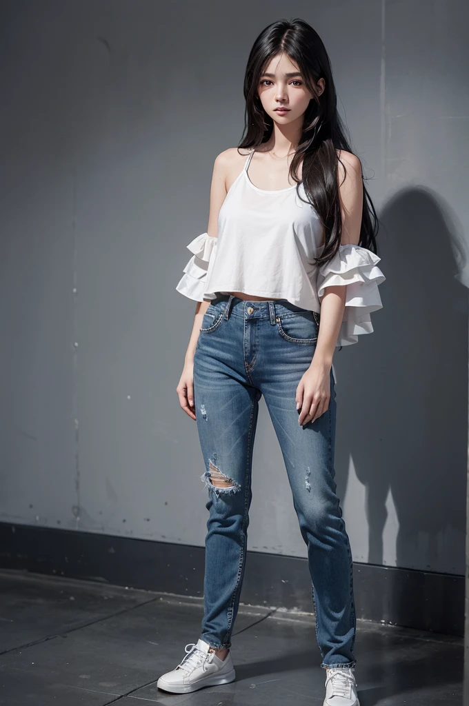 girl with a perfect figure and blue short jean, long hair, high contrast (Natural skin texture, Hyperrealism, Soft Ligh, sharp), portrait, full body, standing