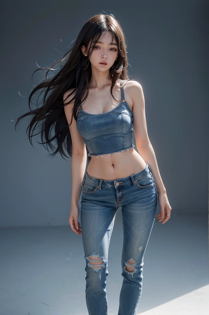 girl with a perfect figure and blue short jean, long hair, high contrast (Natural skin texture, Hyperrealism, Soft Ligh, sharp), portrait, full body, standing