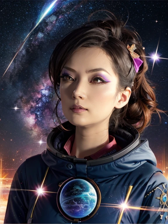 1 Girl, solo, (astrologer), 
mysterious, Fantasy, grace, Calm, Silence, intellectual, ancient, Beyond time and space, dream, aura,
Dark eyeshadow, Star shaped glitter, Sparkling Highlights, Rich Lip Color, Smokey Eye, mysteriousなアイライナー, 
universe space, shooting star, planet,
astrologerが魔法の杖を使って星を指し示している,
Sparkling meteor shower, Magic Light, Reflecting Galaxy