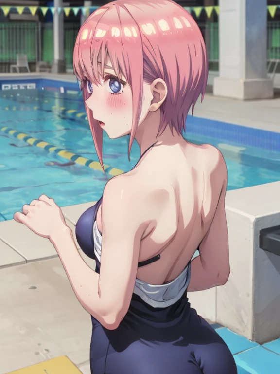 best quality, insanely detailed,ichika nakano, poolside background, breasts, blush, back style, one-piece swimsuit, nipple, look into the distance, nsfw