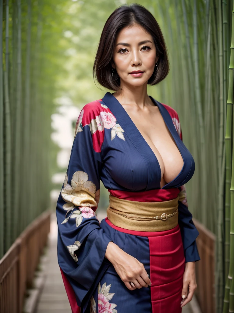 Highest quality, masterpiece, Ultra-high resolution, (Realistic:1.4), RAW Photos, One woman, Incredibly beautiful kimono, Twelve-layered kimono, Japanese clothing, Deep Shadow, Moderate, Bamboo forest at night, Illuminated by the moonlight,50-year-old, , mature woman, (upper body image:1.2), Golden Ratio:1.3,big tits
