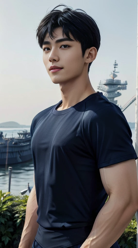 (As a matter of fact, Masterpiece, 8k HD, good light quality, sportswear, fit the face, complicated details), A handsome and muscular young Korean man., Have muscles, (Buzzcut short hair:1.5) ,(Broad shoulders:1.3), 20 years old, be happy, smile brightly, detailed face, delicate eyes, มองดูsky, (Wear a navy tight T-shirt.:1.9), period, black eyes, Black hair color, ผมsmooth, smooth, outdoor sports, Along the garden, Sunny,sky,