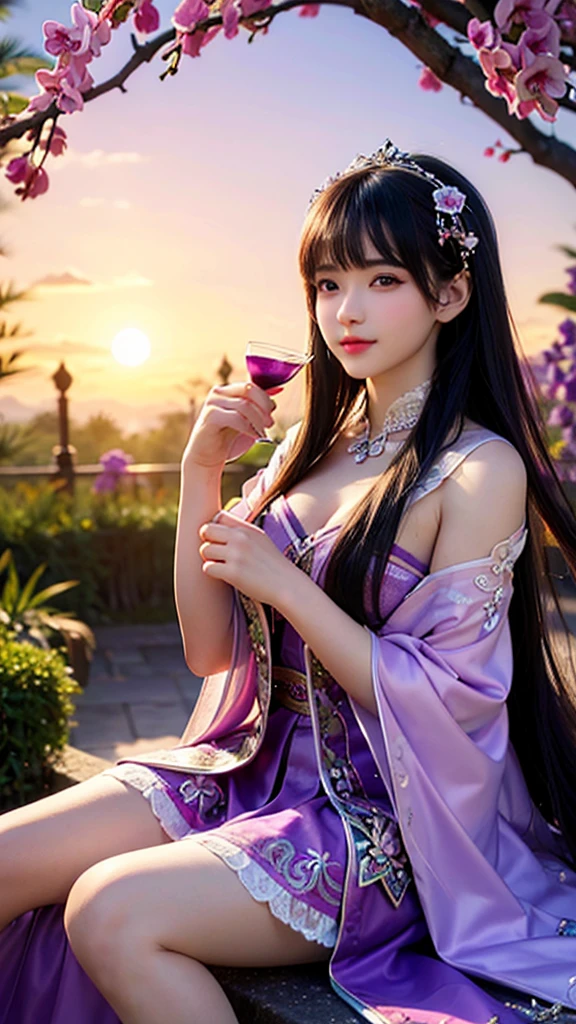 best quality,masterpiece,Ultra-high resolution,(photoactual:1.4),AnReal Model,A sky full of purple orchids（background）,14 year old violet fairy（oriental woman）,Purple shawl long hair,cute eyes,Sexy body,Wearing a purple orchid lace skirt,sitting on purple orchid leaves,Drink tea