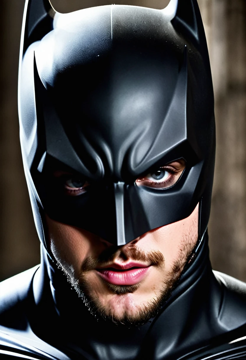 (((Extremely close-up Aaron Taylor-Johnson under the mantle of the Dark Knight Batman Front Images Color Images Splash)))