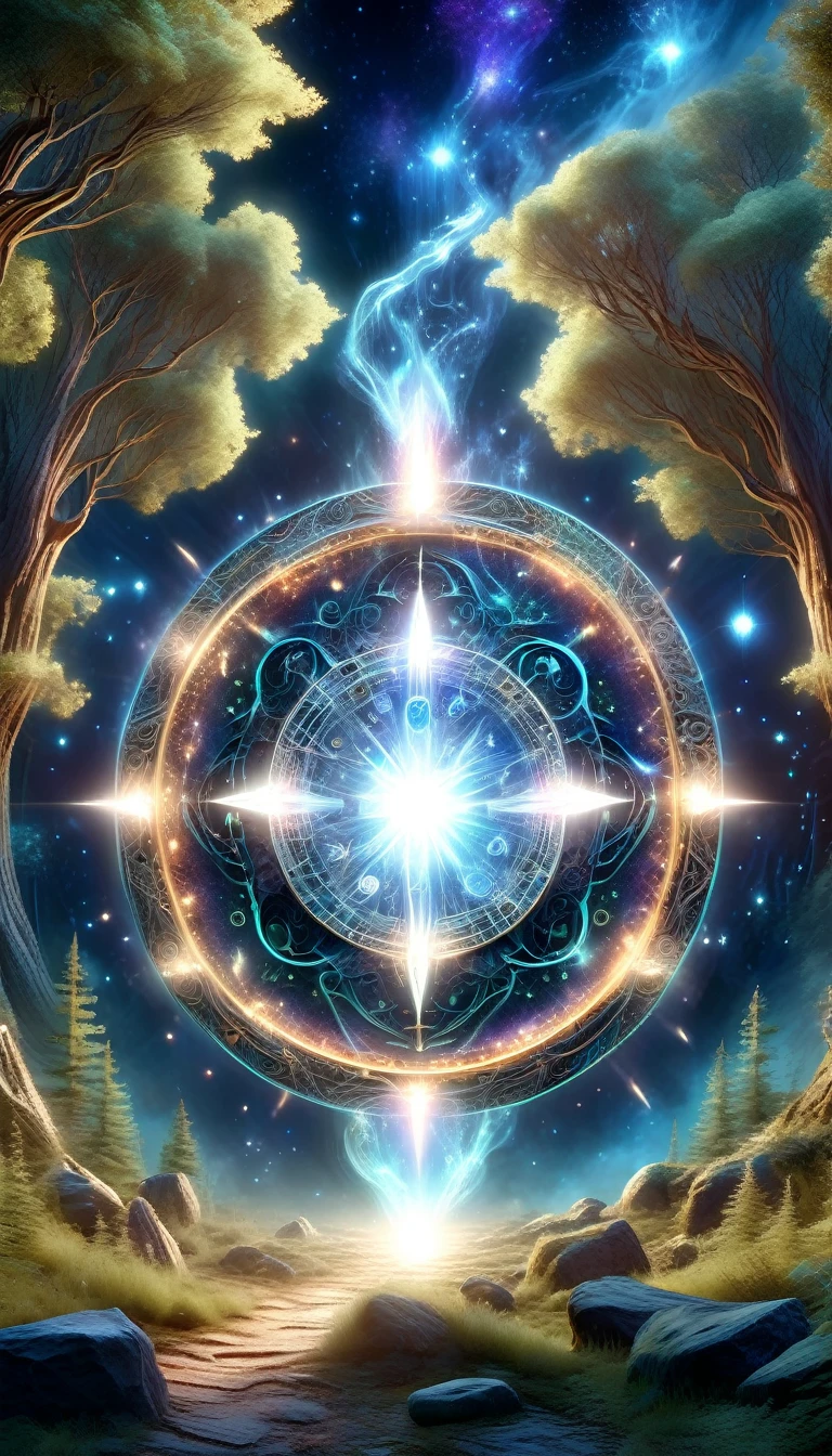 A great astrologer,(Dark Fantasy),(Ultra wide angle),In an ancient forest wasteland, The ancient stone magic circle predates all recorded history. It is composed of countless huge rocks, Each one has signs of erosion., Arranged into a perfect six-pointed star,Point to each constellation, As if connected to the power of the universe. At its center, The ground is engraved with complex runes and mysterious patterns.,In the moonlight, the light is blue, As part of the summoning ritual,It is also a container of power., Peak electricity consumption at night. The surrounding forest seemed to avoid, The branches are curved,Whisper. When the stars align on a special night, The energy of the sky resonates with the runes of the circle, Slowly open a crack,Inside is a creature with eyes like burning coals, Made of darkness and fear, Get out, Every step you take,The earth will tremble. This scene depicts a mysterious and dangerous moment,An ancient magic circle summons an entity under the watchful eyes of the ancient forest.,(masterpiece,best quality,Ultra HD,Extremely detailed,illumination)