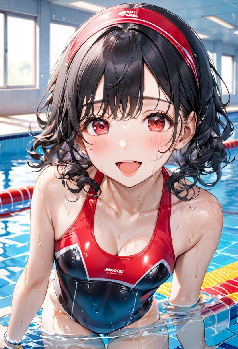 (Swimming Style), (Wet Skin, solo:2, 15 yo curly:1.3 black hair long hair cute girl, cute red eyes, cute open mouth, glossy lips, ecstasy smile, medium tits), (in a One piece swimsuit, swimCap), break, in the School swimming pool, BREAK, perfect anatomy, masterpiece, best quality, 16k, beautiful detailed grow, daydreaming expression.