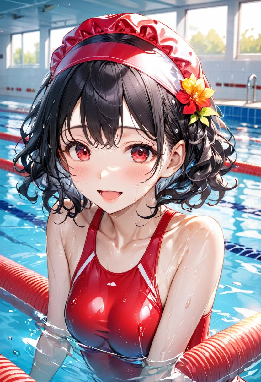 (Swimming Style), (Wet Skin, solo:2, 15 yo curly:1.3 black hair long hair cute girl, cute red eyes, cute open mouth, glossy lips, ecstasy smile, medium tits), (in a One piece swimsuit, swimCap), break, in the School swimming pool, BREAK, perfect anatomy, masterpiece, best quality, 16k, beautiful detailed grow, daydreaming expression.