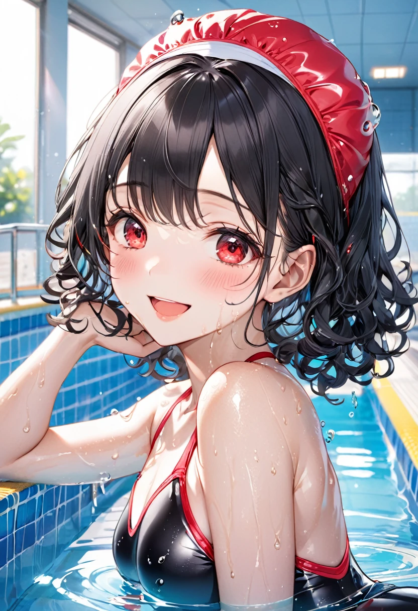 (Swimming Style), (Wet Skin, solo:2, 15 yo curly:1.3 black hair long hair cute girl, cute red eyes, cute open mouth, glossy lips, ecstasy smile, medium tits), (in a One piece swimsuit, swimCap), break, in the School swimming pool, BREAK, perfect anatomy, masterpiece, best quality, 16k, beautiful detailed grow, daydreaming expression.
