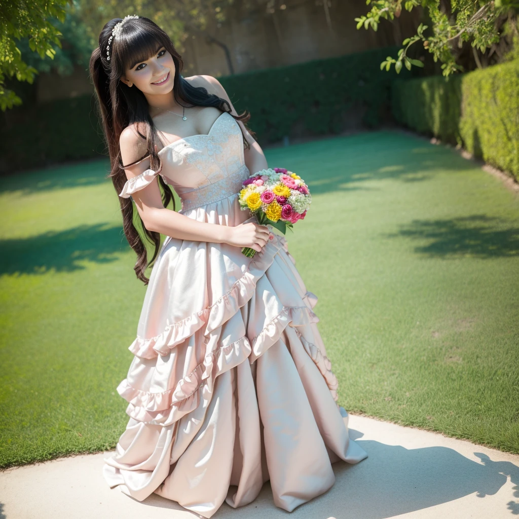 a beautiful woman wearing a pink mini dress, cleavage, off the shoulder, long hair and bangs, taking photos with the bride and groom in an open garden, smiling, (best quality,4k,8k,highres,masterpiece:1.2),ultra-detailed,(realistic,photorealistic,photo-realistic:1.37),ultra-fine painting,extreme detail description,professional,vivid colors,wedding,portraits,sunny day,outdoor,natural lighting,lush greenery,colorful flowers,shallow depth of field,dreamy aesthetic