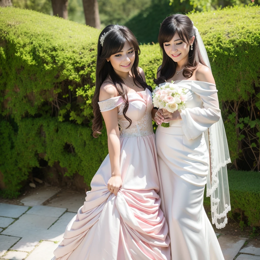 a beautiful woman wearing a pink mini dress, cleavage, off the shoulder, long hair and bangs, taking photos with the bride and groom in an open garden, smiling, (best quality,4k,8k,highres,masterpiece:1.2),ultra-detailed,(realistic,photorealistic,photo-realistic:1.37),ultra-fine painting,extreme detail description,professional,vivid colors,wedding,portraits,sunny day,outdoor,natural lighting,lush greenery,colorful flowers,shallow depth of field,dreamy aesthetic