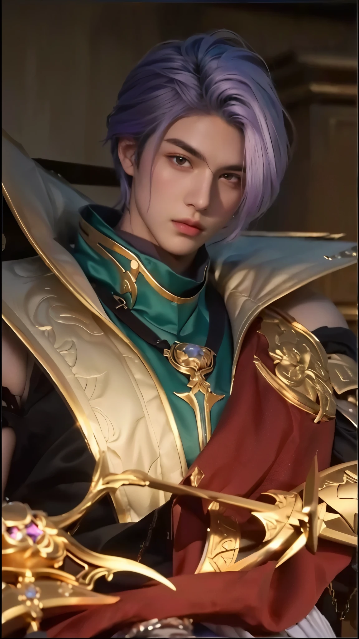 a close up of a boy with detailed purple and white hair, detailed eyes, extremely detailed face, holding a sword, leblanc, style of kieran yanner, tane skin, (best quality,4k,8k,highres,masterpiece:1.2),ultra-detailed,(realistic,photorealistic,photo-realistic:1.37),studio lighting,extreme detail description,vivid colors,fantasy,concept art