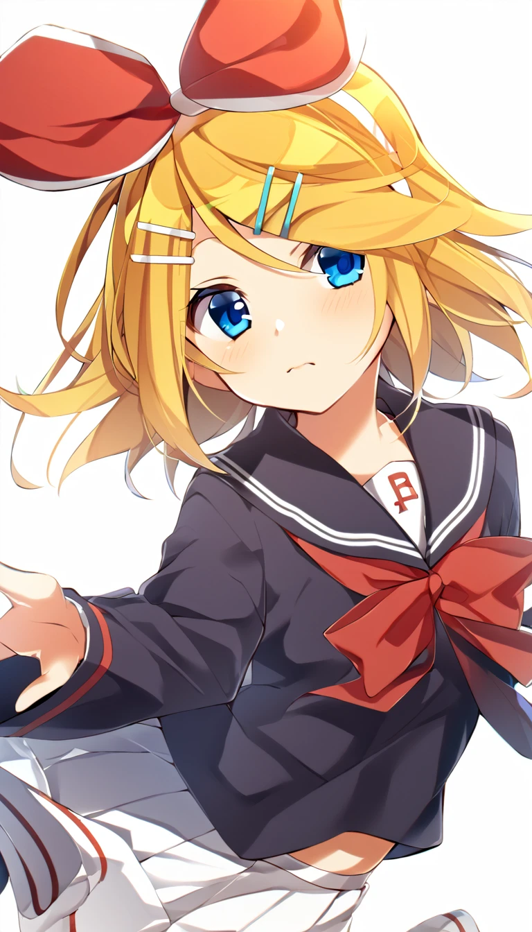 one girl, Kagamine Rin, Vocaloid, blue eyes, simple background, black sailor uniform, hair clip, hair bow, fourteen years old, cute