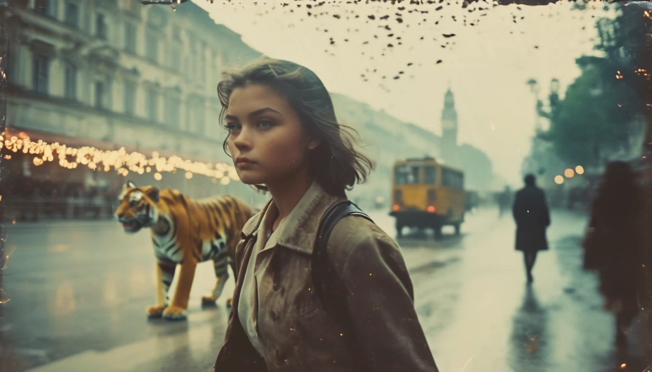 35mm vintage street photo of a girl riding on a giant tiger walking in the street, bokeh, professional