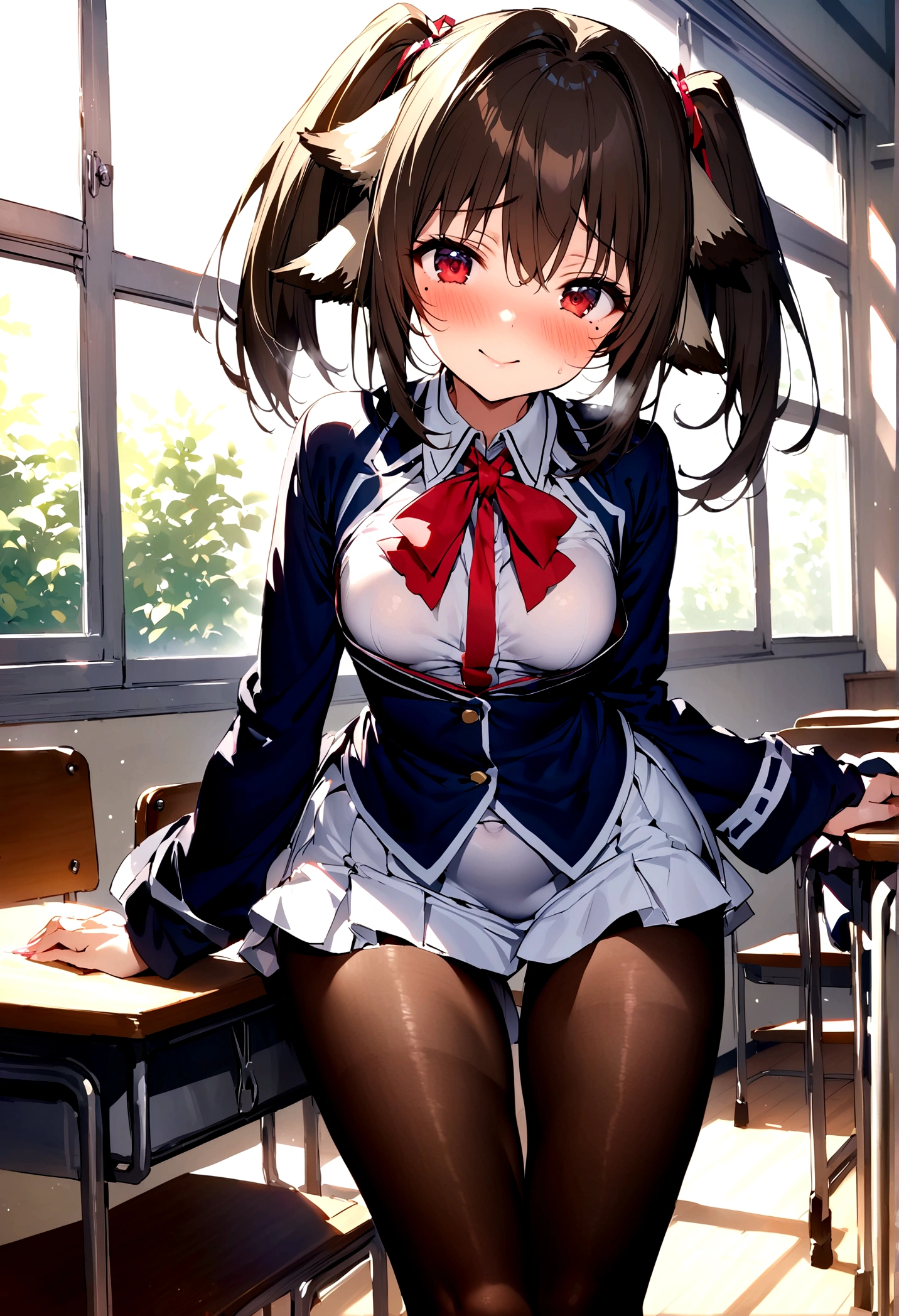 NSFW,masterpiece,Highest quality,High resolution,Super detailed,nekone \(utawarerumono\),Brown Hair、(Red Eye:1.3)、ribbon、Animal Ears、Twin tails、ヘアribbon、Mole、目の下のMole,Small breasts,uniform,kimono,mini skirt,pantyhose,Embarrassed,blush,Expecting face,Seduce,smile,School,classroom,Spoiled