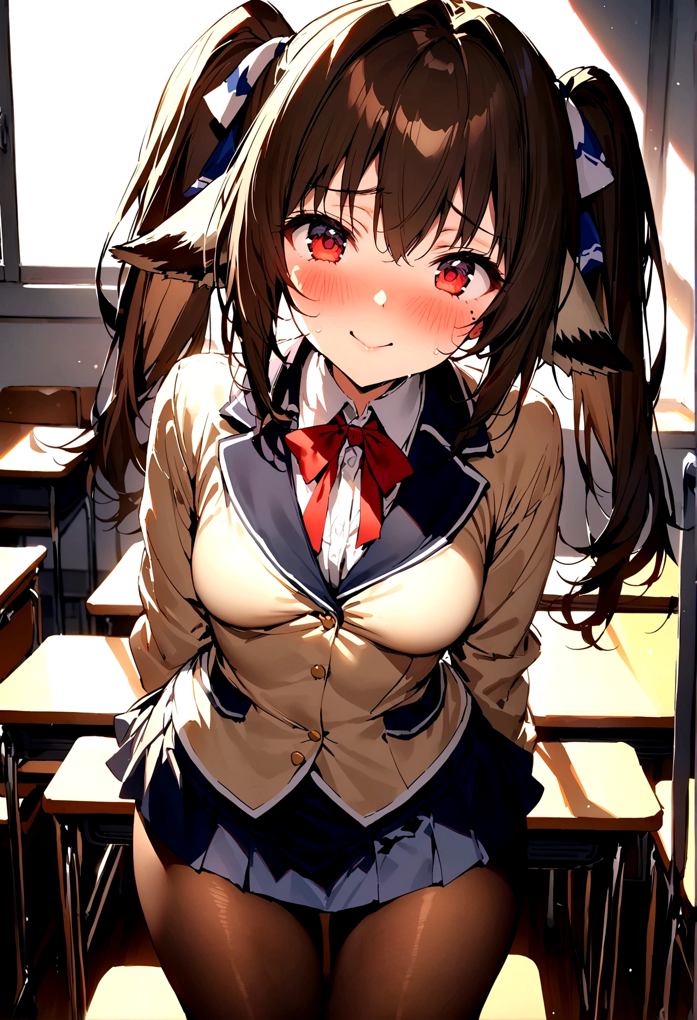 NSFW,masterpiece,Highest quality,High resolution,Super detailed,nekone \(utawarerumono\),Brown Hair、(Red Eye:1.3)、ribbon、Animal Ears、Twin tails、ヘアribbon、Mole、目の下のMole,Small breasts,uniform,kimono,mini skirt,pantyhose,Embarrassed,blush,Expecting face,Seduce,smile,School,classroom,Spoiled
