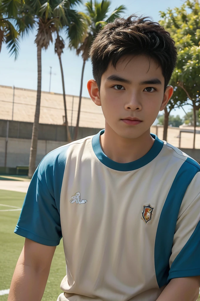young asian man Looking at the camera in a sports shirt , Fieldside, beach, sunlight, looking at the football field
