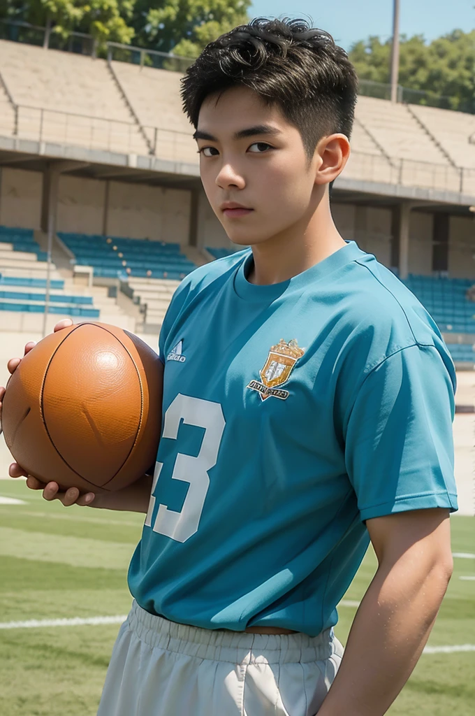 young asian man Looking at the camera in a sports shirt , Fieldside, beach, sunlight, looking at the football field