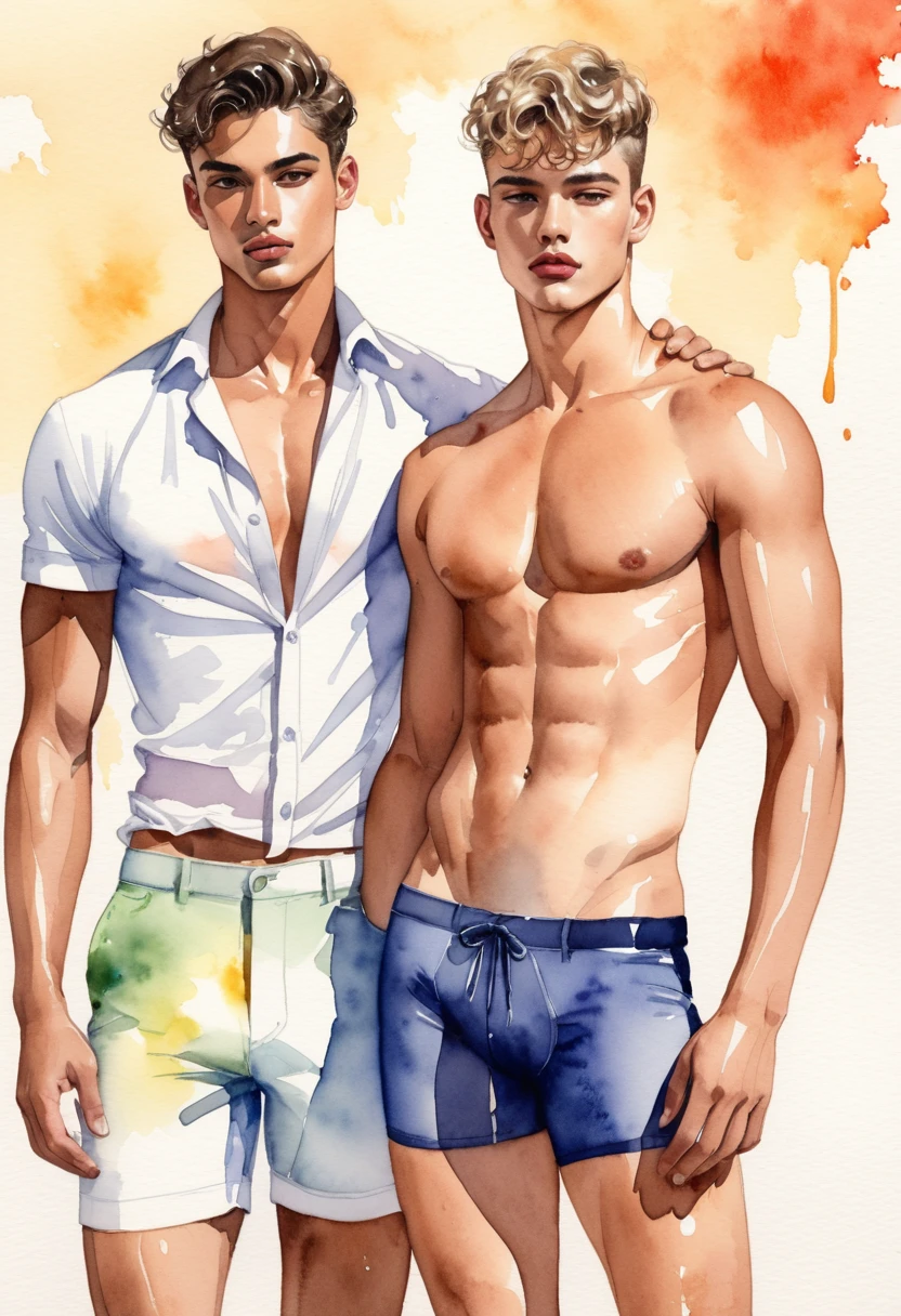 Candid fashion illustration of two young mixed-race male supermodels, both aged 20, showcasing a fashion look book in men's thong underwear. They embody an elegant, young, and sexy style, complementing each other in their sheer swimsuits with a wet, thick bulge. Captured in a low-angle, full-body image with a focus on the bulge and an imperfect watercolor paint background. The illustration is a sketching, realistic drawing with an imperfect watercolor effect, resembling a fashion look book, crafted by a fashion illustrator and inspired by Jacquemus. The models are depicted as a gay couple, handsome, with noticeable features.