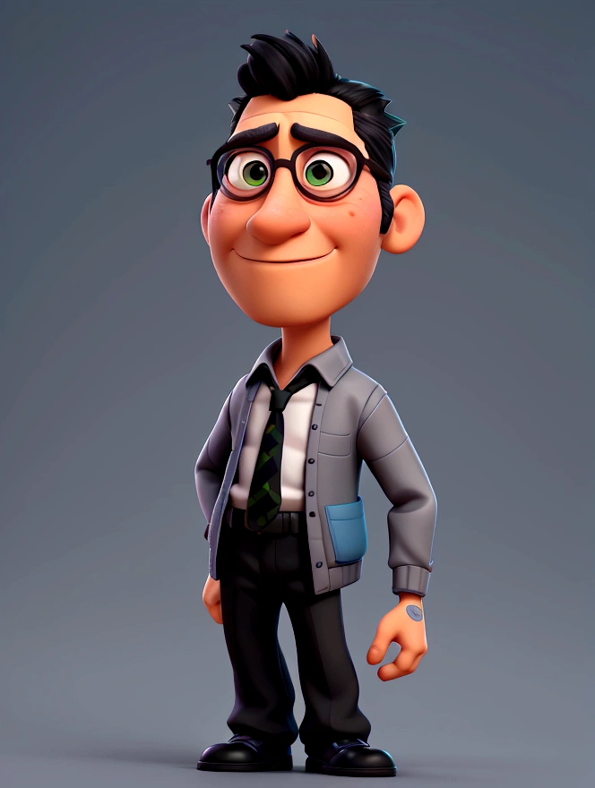 Cartoon character of a man with black and gray hair, 40 year old, greeneyes, Black Suit, shirt blue, an animated character, stylized character, animation style rendering, 3d stylized, Arnold Maya rendering, Stylized 3D rendering, toon render screenshot, 3d character, 3d character, Stylized 3D rendering, 3D character rendering, cartoon character, Personagem de close up, character posing, (Pixar-style) (master part:1.2) (bokeh) (best qualityer) (skin detailed) (detailed texture) (8K) (Argilla) (cinematic lighting) (sharp focus,Sit down and lift your upper body