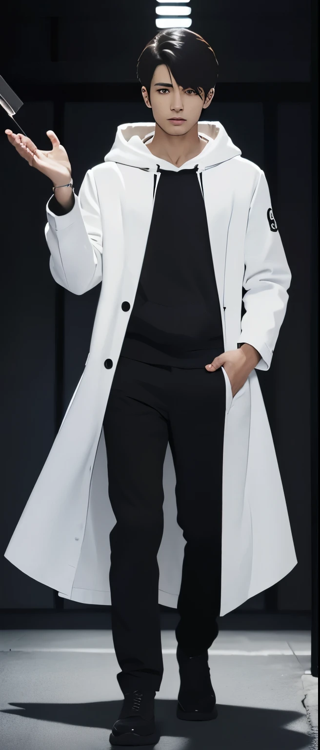 ((Black Hoodie)),(masutepiece), Best Quality, ultrdetailed,Illustration,Ultra detailed view, (Realistic),(((A dark-haired))),1 Young Man,(full body Esbian),((Researcher in white coat)),(Not wearing glasses),twinks,(light skinned),(Know),Black eyes,(gender: Natural face),(Korea person),Long body,((white shirt)),clean lab,(Beautiful fece),Cool images,(((Cool look))),((Long body))