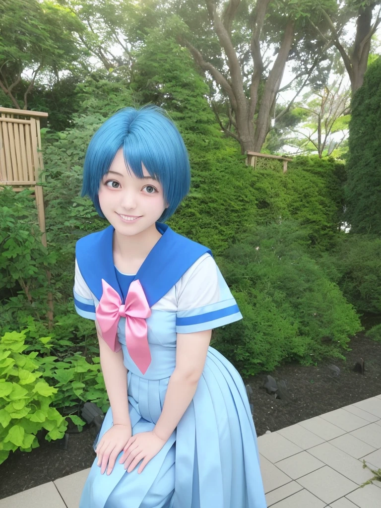 Japanese、High school girls、14 years old、One person、Sailor Mercury Cosplay、short hair、Light blue hair、smile、pose、garden、Height: 150cm
