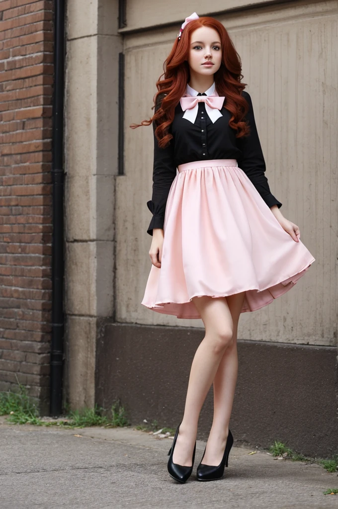 Create a with long red hair, dark brown eyes, pink dress, black shoes and a white bow in her hair