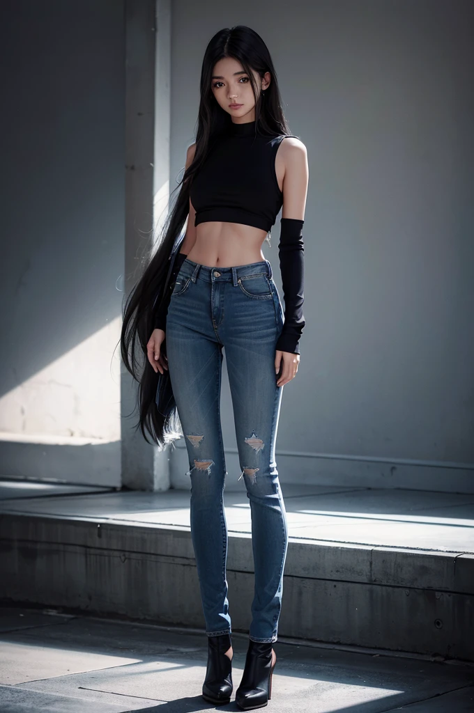 girl with a perfect figure and blue short jean, long hair, high contrast (Natural skin texture, Hyperrealism, Soft Ligh, sharp), portrait, full body, standing