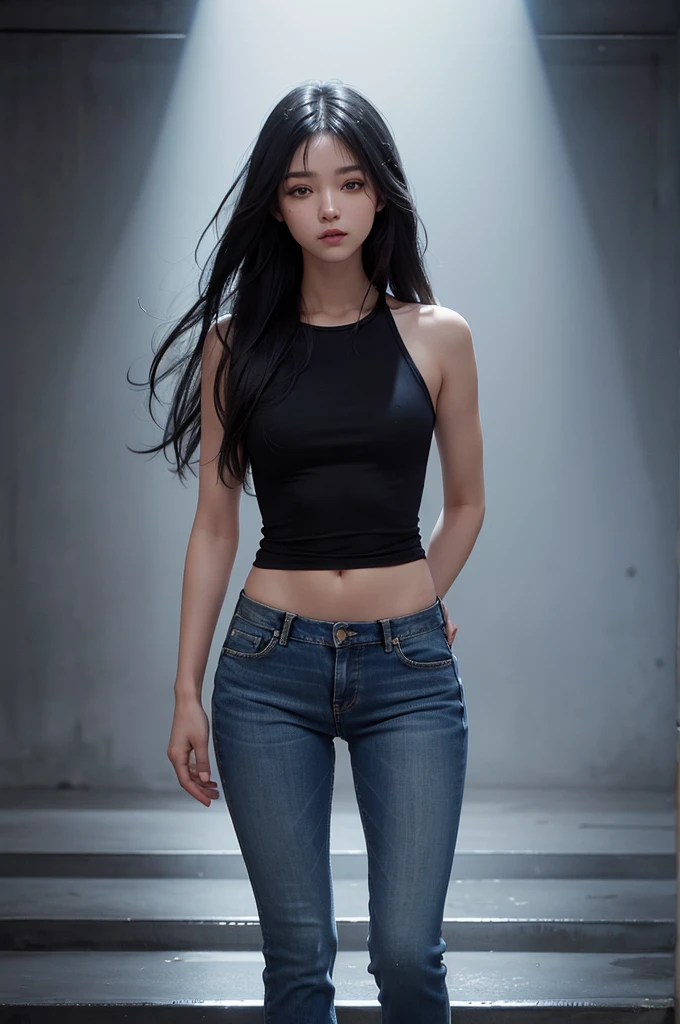 girl with a perfect figure and blue short jean, long hair, high contrast (Natural skin texture, Hyperrealism, Soft Ligh, sharp), portrait, full body, standing