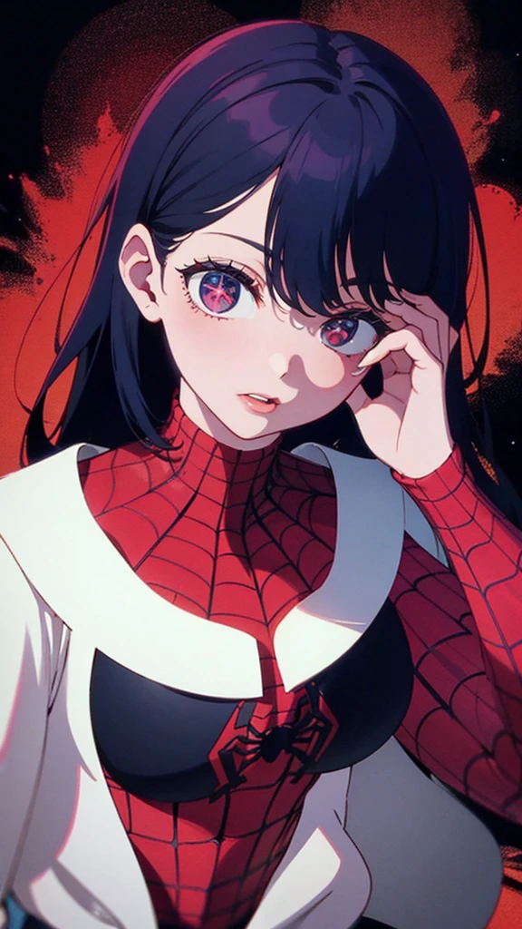 Screenshot, A girl, skin, white, with lips, pompous, with black hair and red stripes, wide, white eyes, with Spider-Man clothing