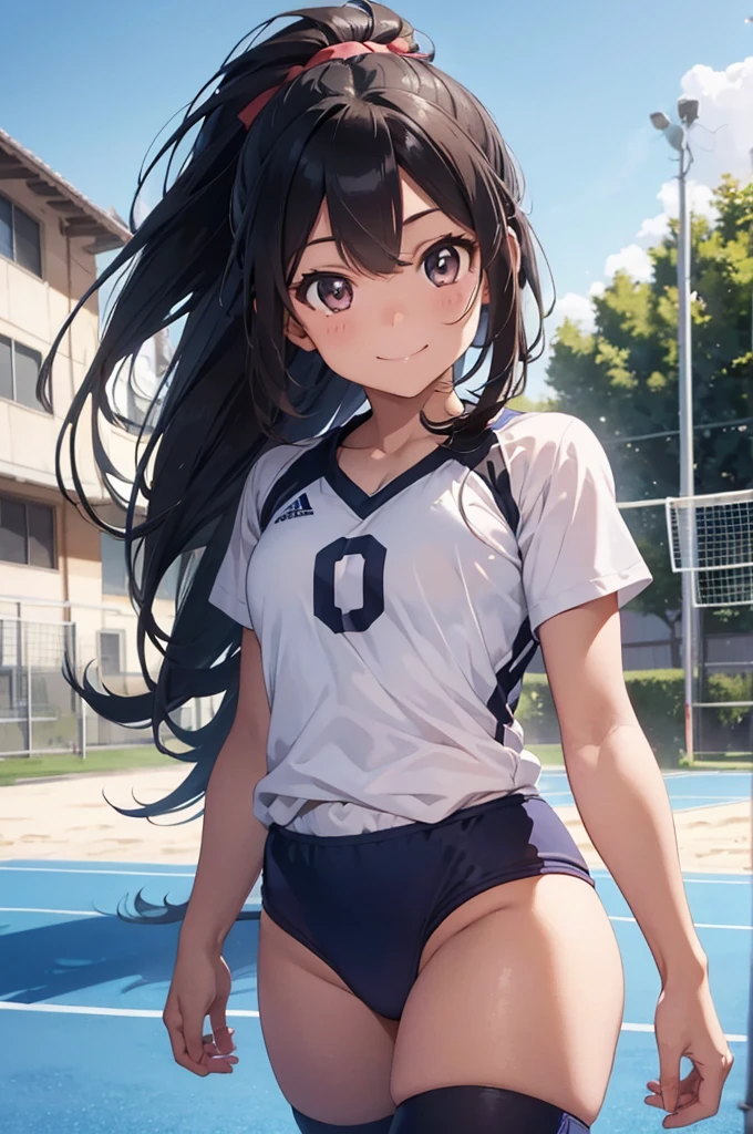 A beautiful young girl in a volleyball uniform, long flowing hair, big bright eyes, cute smile, athletic posture, outdoor volleyball court background, natural sunlight, vibrant colors, highly detailed, photorealistic, cinematic lighting, 8k, best quality, masterpiece