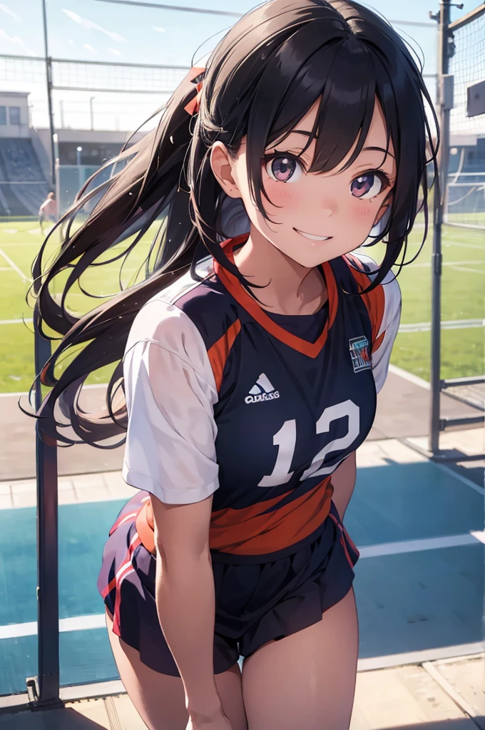 A beautiful young girl in a volleyball uniform, long flowing hair, big bright eyes, cute smile, athletic posture, outdoor volleyball court background, natural sunlight, vibrant colors, highly detailed, photorealistic, cinematic lighting, 8k, best quality, masterpiece
