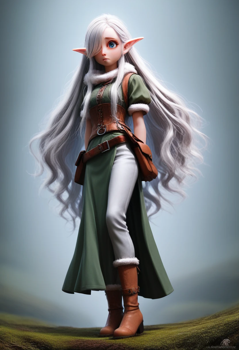 a small girl with pale skin, very long wavy silver hair covering one eye, bright blue anime-style eyes with long lashes, wearing a corset, white puffy long sleeved shirt, and puffy cloth pants, leather bound boots, set in a windy fantasy landscape, (best quality, 4k, 8k, highres, masterpiece :1.2),ultra-detailed,dungeons and dragons, long elf ears, detailed skin and cloth textures, cute detailed face, intricate details, extremely detailed, 1girl, dynamic pose with hair covering one eye, shy personality, puffy cloth pants with leather belt, detailed privateer outfit, detailed buccaneer outfit, pouch on belt, wearing ornate leather armor with fur trim, silver inlay detail, wearing fur trimmed boots, wearing fur trimmed gloves, short, short height, halfing girl, small girl, very long detailed flowing hair, big head, big round eyes, windy, wind blown hair,bwirey muscles, fighter, dynamic angle, kineticist, pathfinder, pathfinder kineticist, wind kineticist, pouty lips