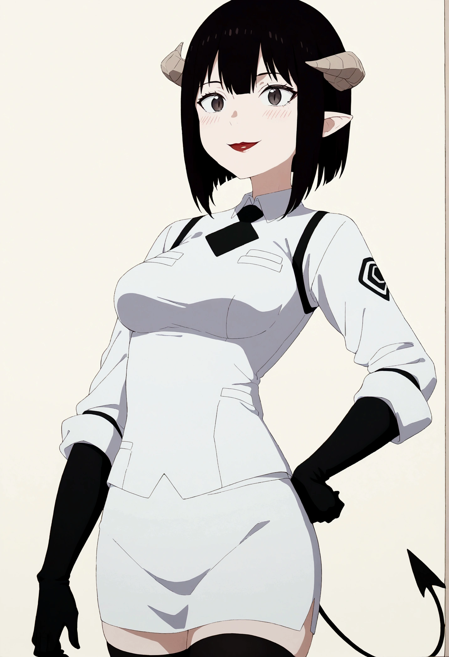 black hairband, headband, female,hair between the eyes, ashen hair, shorth hair,grey-eyed ,rocket team,rocket team uniform,white skirt,top cut,blackstockings,black elbow gloves,demon horns,blushed,ssmile