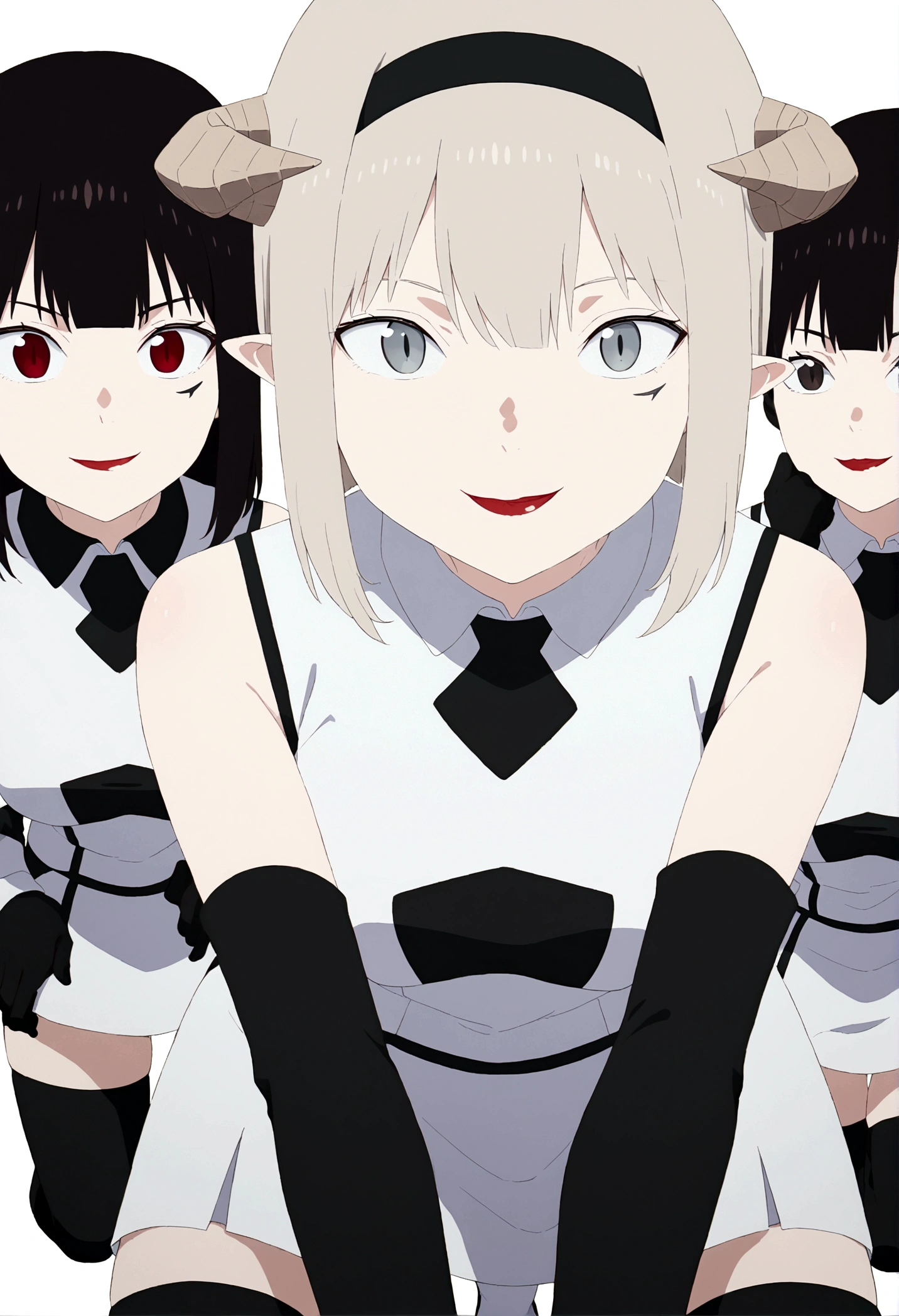 black hairband, headband, female,hair between the eyes, ashen hair, shorth hair,grey-eyed ,rocket team,rocket team uniform,white skirt,top cut,blackstockings,black elbow gloves,demon horns,blushed,ssmile