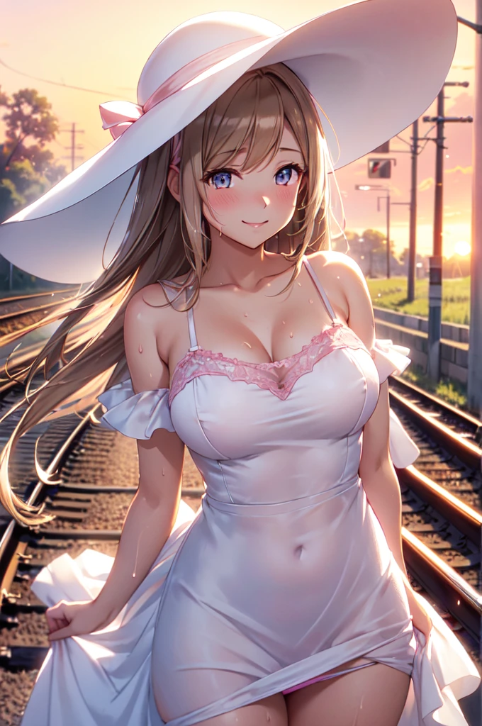 satin, silk, (pink panty), (High quality, High resolution, Fine details), setting sun, Backlight, A straight stretch of railroad track, White Dress, White Hat, solo, curvy women, light brown hair, sparkling eyes, (Detailed eyes:1.2), smile, blush, Sweat, Oily skin, shallow depth of field, Fantastic
