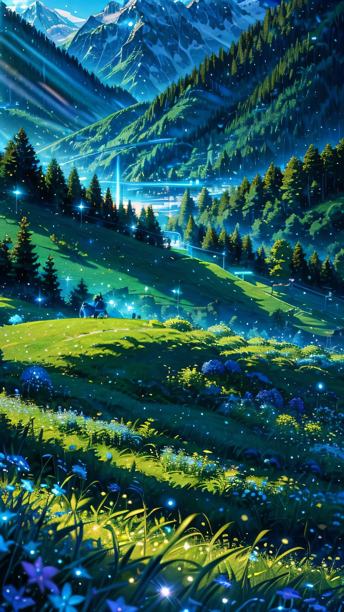 Anime inspired green landscape of the Alps with bright blue glass like sky shining with glittering glittering effect(Bokeh effect) (firefly)