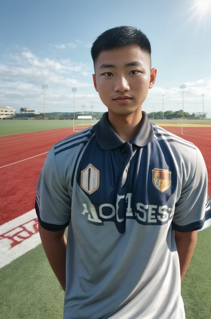 young asian man Looking at the camera in a sports shirt , Fieldside, beach, sunlight, looking at the football field