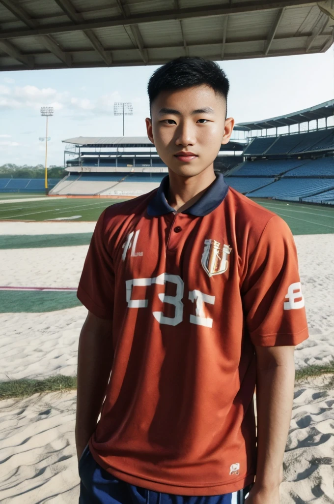 young asian man Looking at the camera in a sports shirt , Fieldside, beach, sunlight, looking at the football field