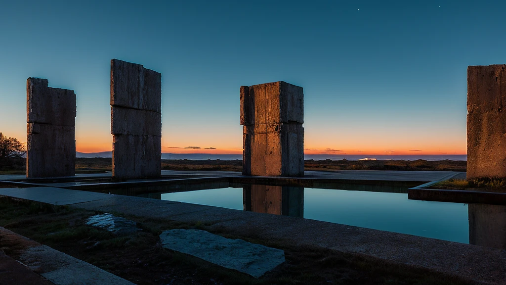 Three mirror finish brutalist monoliths on a distant world, twilight