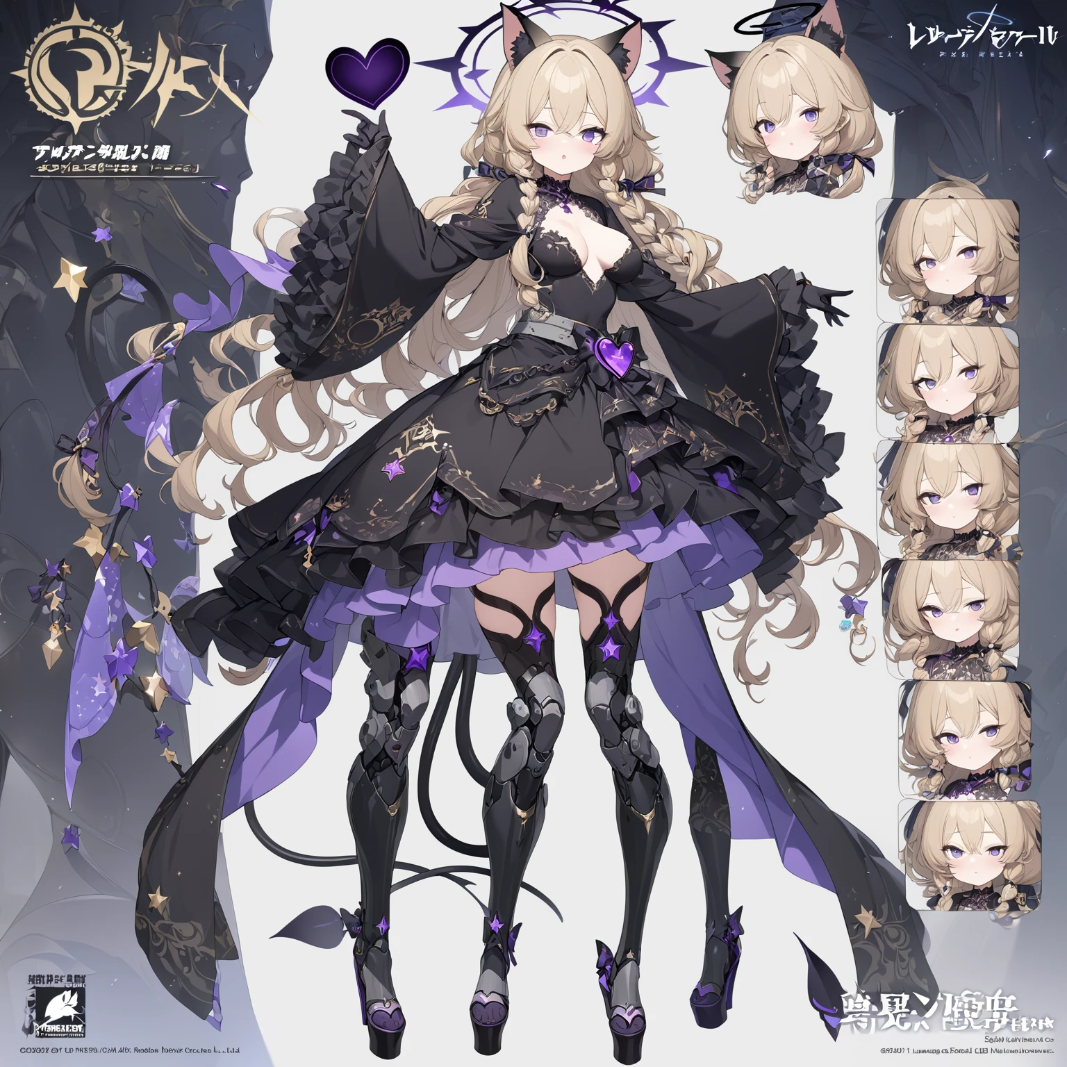 1 woman 180cm tall. (character design sheet: front view). long dark blonde hair, slim build, wavy hair with hip length curls, has a short central tuft, She has two short braids on the left and right side of her head.. He has black serval ears with gray and purple on the top of his head. small face. one gray eye and one violet eye, ribbons on the right and left side of the hair. extremely detailed face, Beautiful detailed eyes, beautiful detailed lips. adorable, extremely detailed legs, (Best Quality, 4k, 8k, high resolution), ultra detailed, Exquisite and epic character art. Black platform heels, Elegant One Piece Long Dress with Ruffles Skirt and Wide Sleeves Gold Gear Design, star and ribbon decorations on the dress. black gloves. gray belt at the waist with a large blue heart ribbon. black necklace with heart emblem on the neck. It has a succubus tail with a luminous purple star tip.. (wide hip). Luminous black halo with purple star patterns above his head... (medium breast size). Thigh High Mechanical Legs in Black and Luminous Purple.