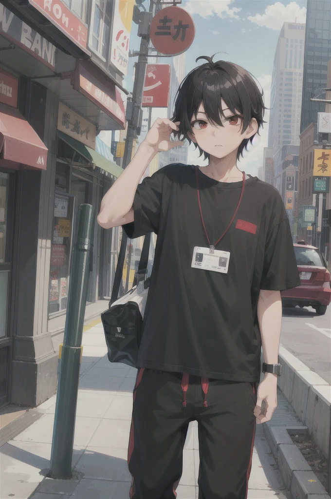 masterpiece, city, 1boy, black hair, red eyes, gray t-shirt, sweatpants izumi name tag as NyctoPhilia